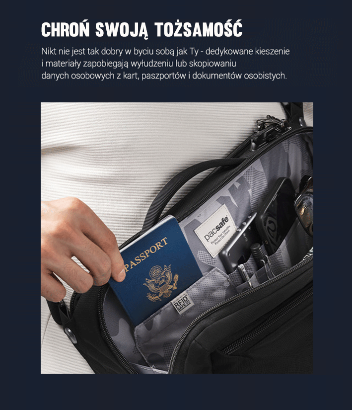 Ochrona dokumentów przed kradzieżą w torbie na laptopa Pacsafe EXP