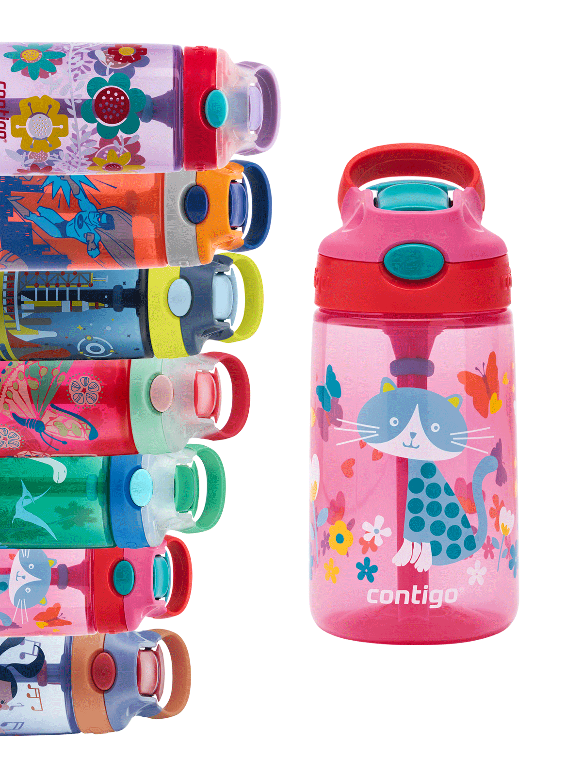 Contigo Gizmo Flip Kids Water Bottle 420ml For School Cheery with Cat