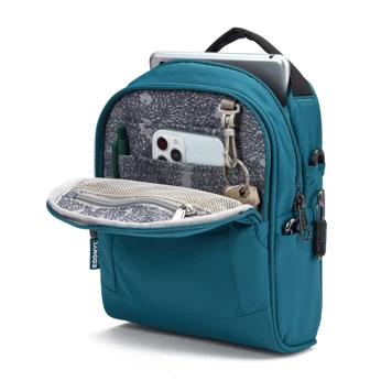 Anti-theft Pacsafe LS100 turquoise shoulder bag.