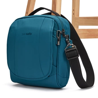 Anti-theft Pacsafe LS200 turquoise shoulder bag.