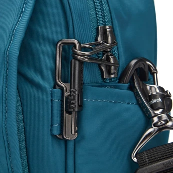 Anti-theft Pacsafe LS200 turquoise shoulder bag.