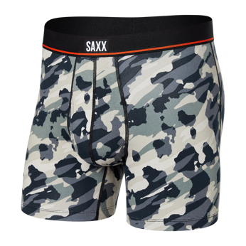 Men's elastic SAXX NON-STOP STRETCH Boxer Brief with a poppy camouflage fly - gray.