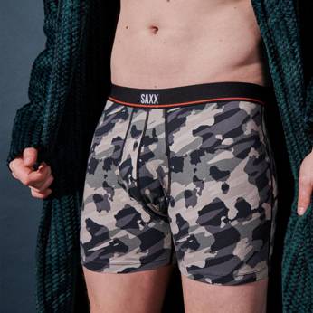 Men's elastic SAXX NON-STOP STRETCH Boxer Brief with a poppy camouflage fly - gray.