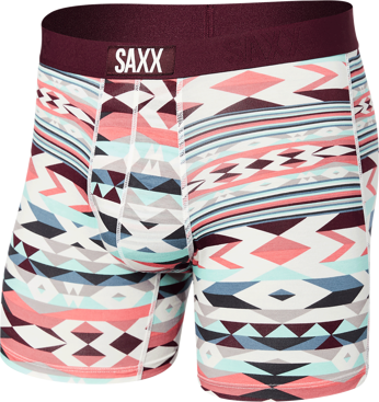 Men's quick-drying SAXX VIBE Boxer Brief - geometric pattern - burgundy.