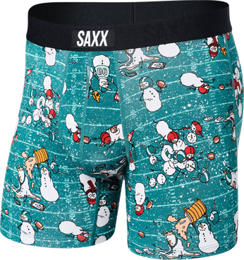 Men's quick-drying SAXX VIBE Boxer Briefs - green with snowmen.