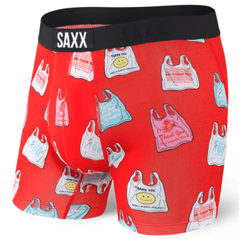 Men's quick-drying SAXX VIBE Boxer Briefs - red, in foil packaging.