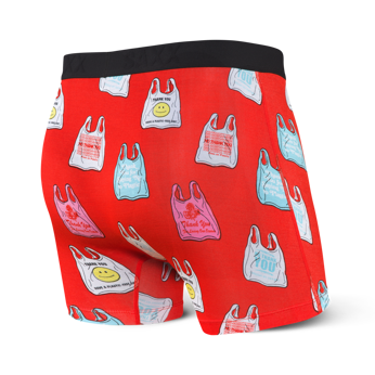 Men's quick-drying SAXX VIBE Boxer Briefs - red, in foil packaging.