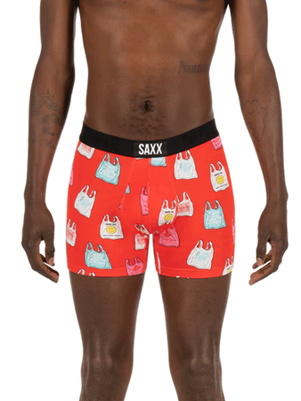 Men's quick-drying SAXX VIBE Boxer Briefs - red, in foil packaging.