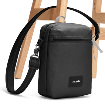 Pacsafe Go anti-theft black urban shoulder bag.