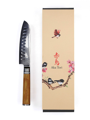 Ekskluzywny Nóż Santoku Aka Tori Kyoto Olive 5" ze Stali Damasceńskiej – Prezent Biznesowy z Opcją Graweru