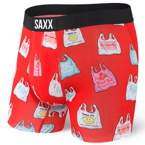 Men's quick-drying SAXX VIBE Boxer Briefs - red, in foil packaging.