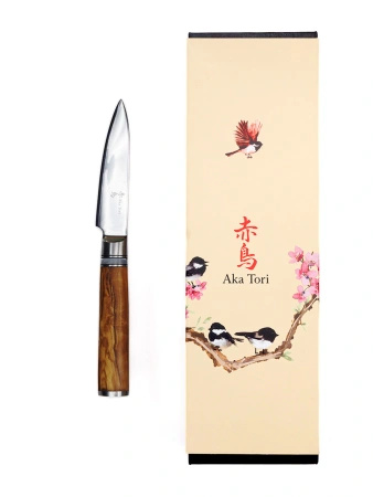 Aka Tori Engraved Damascus Steel 3.5" Paring Knife - Kyoto Olive