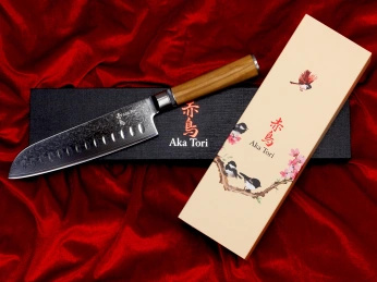 Aka Tori Engraved Damascus Steel 7" Santoku Knife - Kyoto Olive
