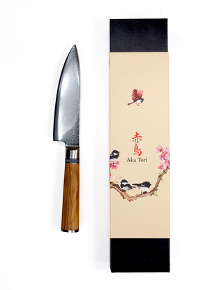 Ekskluzywny Nóż Szefa Kuchni Aka Tori Kyoto Olive 6" ze Stali Damasceńskiej – Prezent Biznesowy z Opcją Graweru
