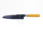 Aka Tori Engraved Damascus Steel 7" Santoku Knife - Kyoto Olive
