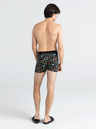 Men's breathable SAXX DAYTRIPPER Boxer Brief Fly with a funny collage - black.