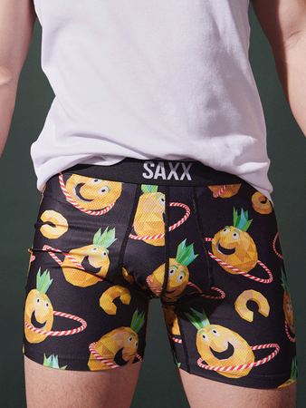 Men's sports boxer briefs SAXX VOLT Boxer Brief with pineapple and hula hoop - black.