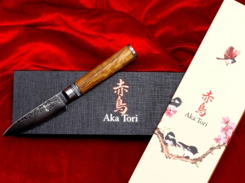 Aka Tori Engraved Damascus Steel 3.5" Paring Knife - Kyoto Olive