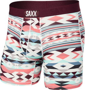 Men's quick-drying SAXX VIBE Boxer Brief - geometric pattern - burgundy.