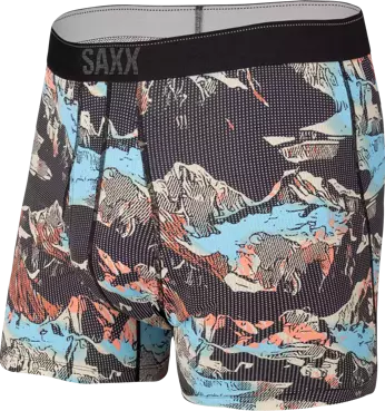 Bokserki męskie trekkingowe / sportowe z rozporkiem SAXX QUEST Boxer Brief Fly górski krajobraz – czarne